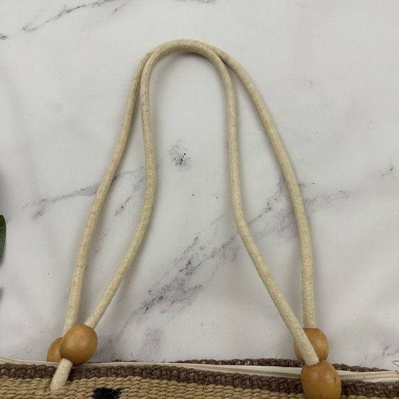 Vintage Woven Basket Tote Bag Purse Brown Black Wood Bead Wool Blend Boho - Picture 2 of 6